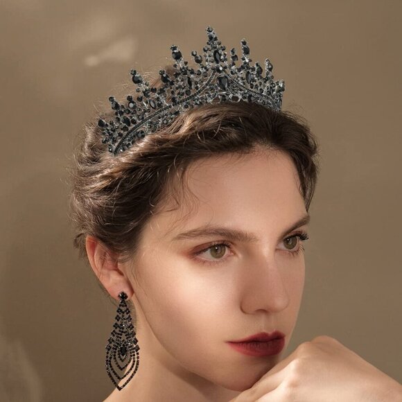 Women Black Gothic Tiara Crown Crystal Costume Prom Halloween Accessories